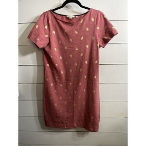 Boden Dress Womens 6L Dusty Pink T Shirt Gold Leaf Leaves All Over Print